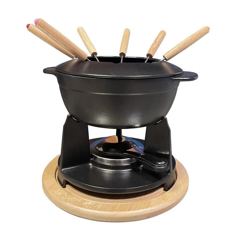 BAUMALU - Service à Fondue - Caquelon en Fonte - Couvercle Anti-Éclaboussures - Réchaud - Brûleur à Pâte - 6 Fourchettes - Plate