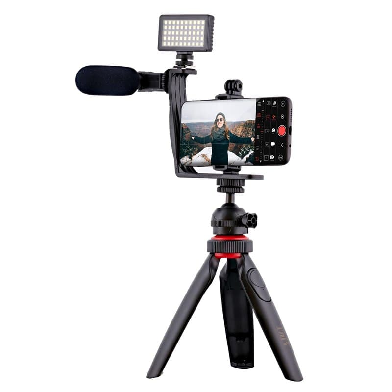 T’NB Influence Kit Vidéo pour Smartphone avec Trepied, Kit Vlogging, Lumière LED, Microphone avec Bonnette, 3 Filtres de Couleur