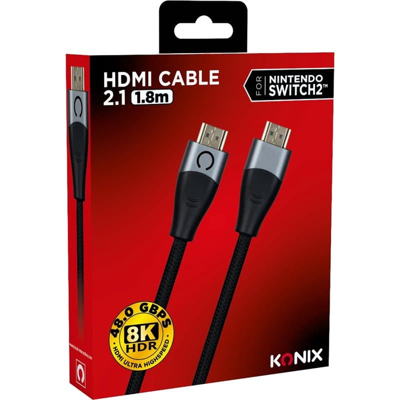 Konix Câble HDMI 2.1 pour Nintendo Switch 2 - Compatibilité 4K et 8K - Nylon tressé - Longueur 1,8 m - Noir