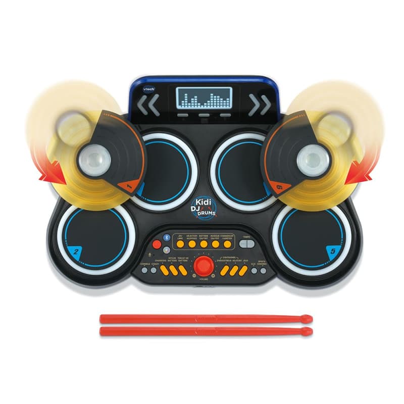 VTech - Kidi DJ Drums, Batterie Électronique Enfant avec Pads Lumineux, Cymbales, Baguettes, Bluetooth, Prise Jack pour Casque,