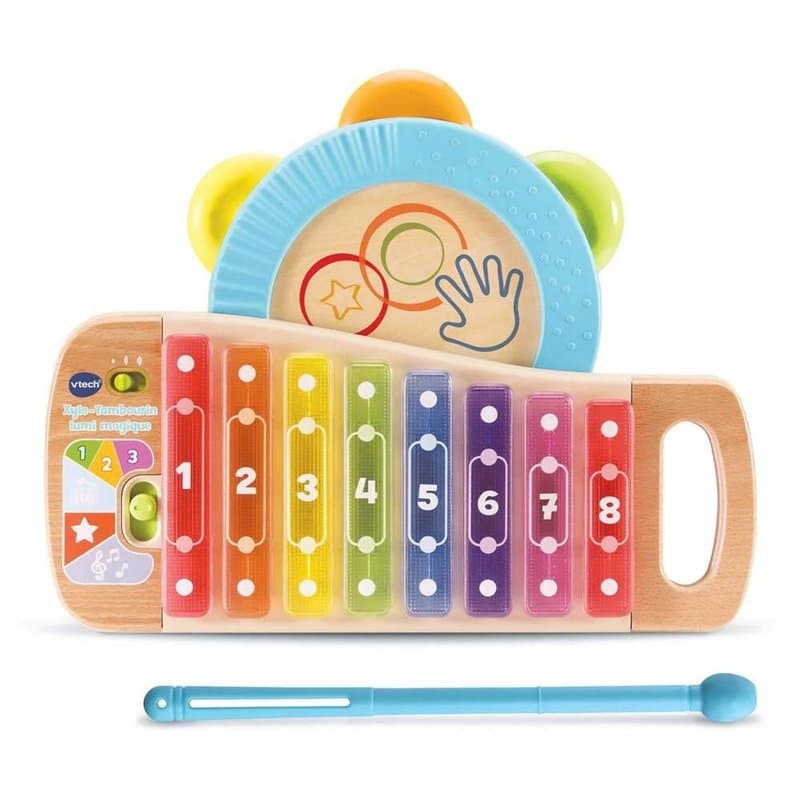 VTech - Xylo-Tambourin Lumi Magique, Instrument de Musique Enfant 2 en 1, Xylophone et Tambourin Partiellement en Bois, Jouet d'