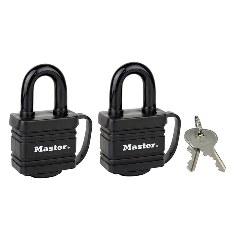 Master Lock 7804EURT Pack de 2 Cadenas en Acier Laminé à Clé et Protection Thermoplastique, Noir, 7,8 x 4 x 2,9 cm