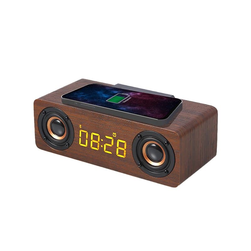 APM Enceinte Bluetooth Réveil Bois avec Radio FM, Chargement sans Fil Induction pour Smartphone,Port de Charge USB, Luminosité R