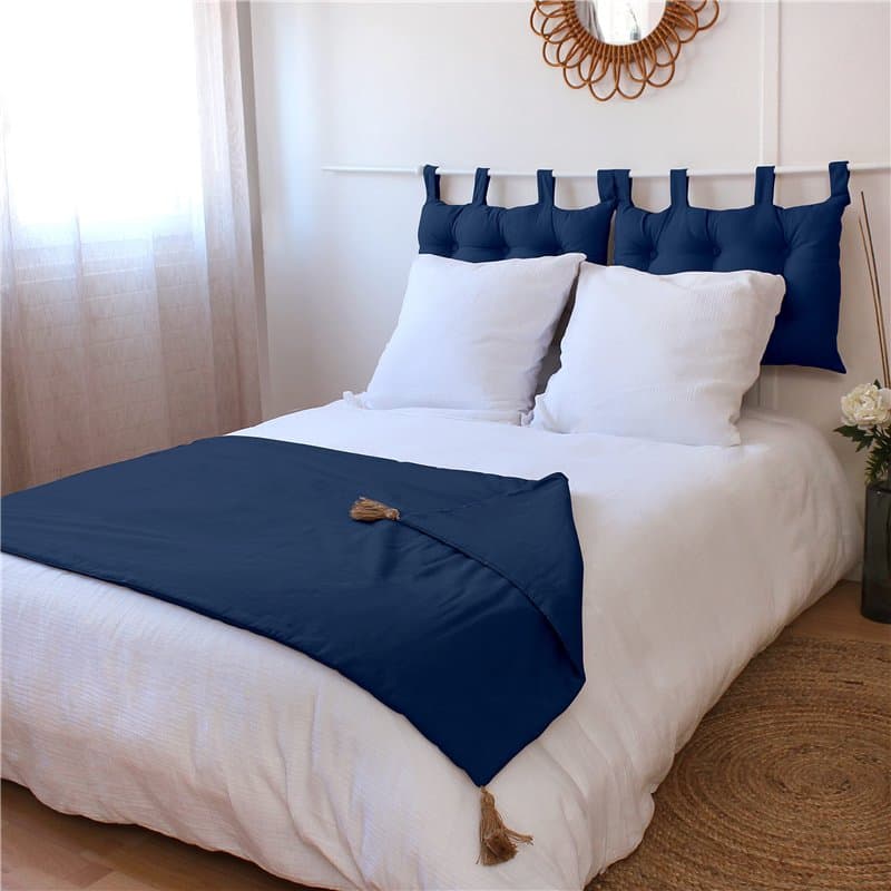Enjoy Home – Edredon Décoratif - Bleu Marine avec 4 Pompons Jute – 90x190cm - 100% Coton – Certifié Oeko-TEX – Collection Panama