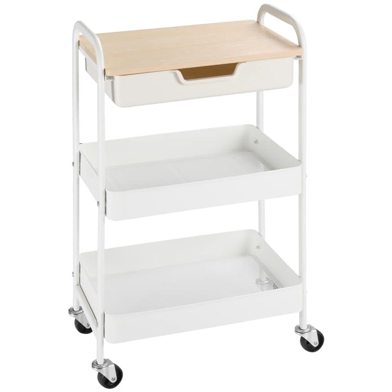 HOMCOM Desserte de Cuisine Chariot de Service 2 étagères tiroir Plateau Aspect Bois Clair Acier PP Blanc