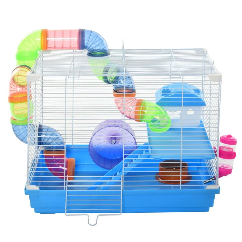 PawHut Cage pour Rongeur Hamster 2 Niveaux avec Tunnel, Bouteille d'eau, Roues, Maison, échelle dim. 46L x 30l x 37H cm
