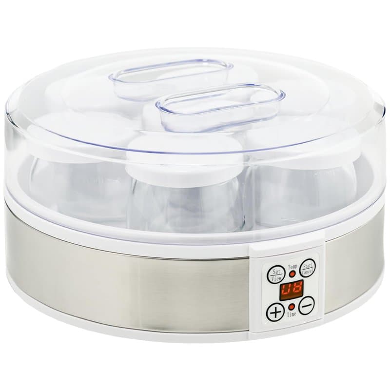 HOMCOM Yaourtière 7 pots en verre de 180ml, machine à yaourt électrique en acier inoxydable avec minuterie, thermostat réglable