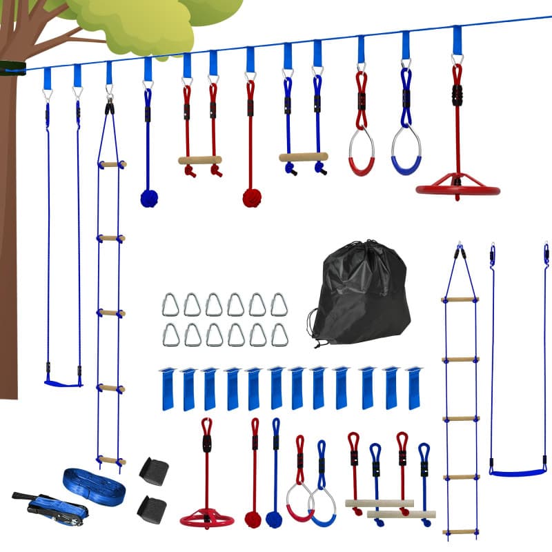 AIYAPLAY Parcours d'obstacles Ninja pour Enfants 10 Accessoires 10 m Charge 50 kg Slackline et Sac de Transport, équipement de J