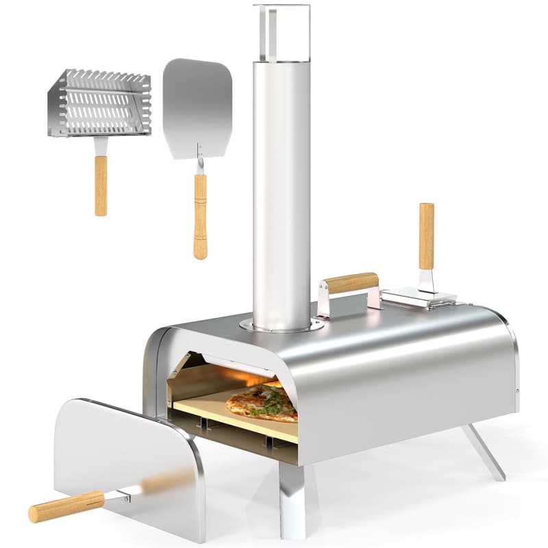 Outsunny Four à pizza extérieur portable à bois ou à pellet avec pierre à pizza, pieds pliables, cheminée, en acier inoxydable,