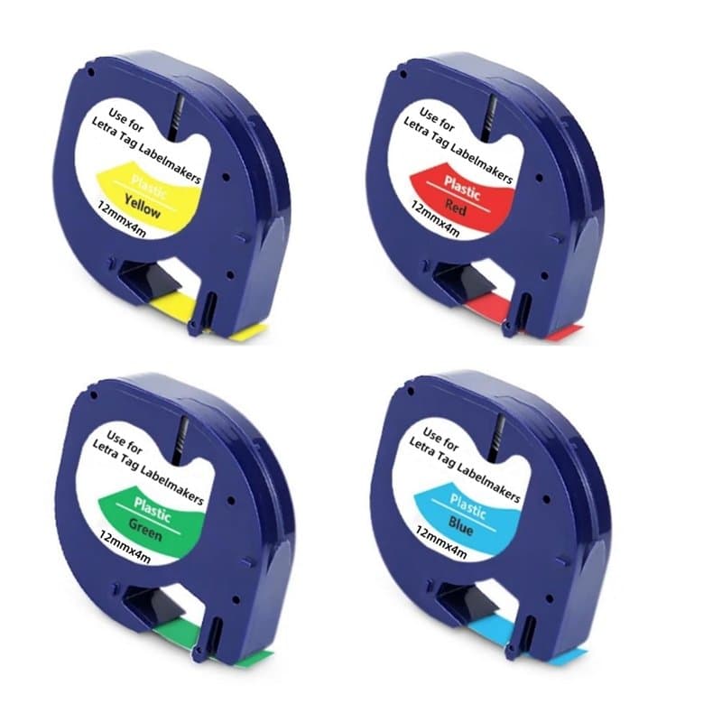 4 Rubans pour Étiqueteuse compatible avec Dymo Ruban Plastique 12mm x 4m 91202 91203 91204 91205 LT-110T LT-100H XR, Noir sur Ro