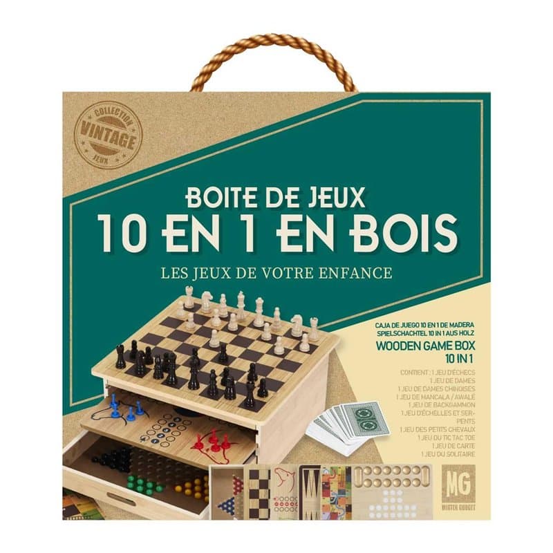 MISTER GADGET, MG3477, Coffret 10 Jeux de Société en Bois, Échecs, Dame, Petits Chevaux, Jeu de l’Oie, Échelle et Serpent, Solit