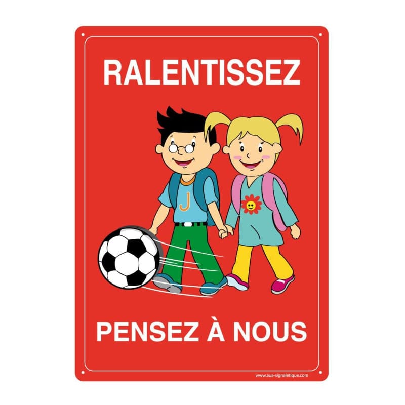 AUA SIGNALETIQUE - Panneau Prépercé (4 Trous) avec Angles arrondis - PVC Rigide 1.5 mm - (300x420 mm, Ralentissez - Pensez à Nou