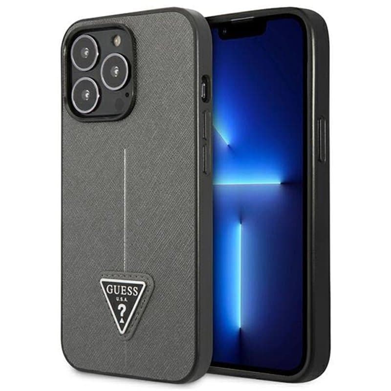 GUESS GUHCP13LPSATLG Coque Rigide pour iPhone 13 Pro 13 6,1" Motif SaffianoTriangle Argent