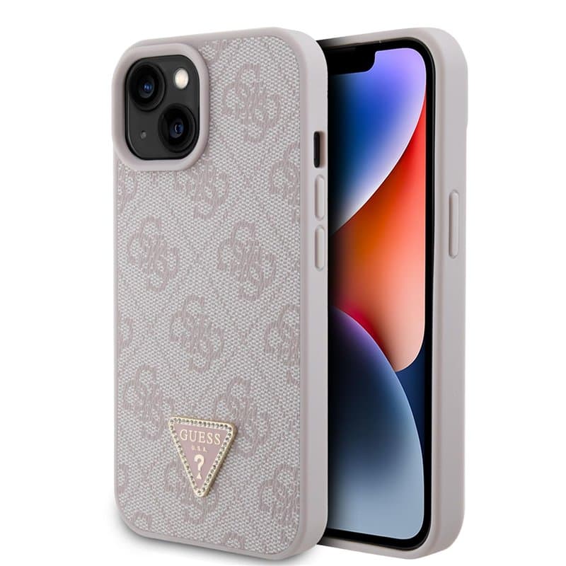 Guess GUHCP15SP4TDPP Coque pour iPhone 15 6,1" Rose Rigide Cuir 4G Triangle Strass