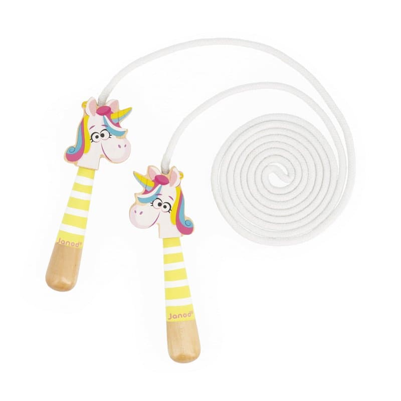 Janod - Corde à Sauter Réglable pour Enfants - Poignées Tetes de Licornes en Bois - 2m de Corde - Idéal pour Jouer en Extérieur