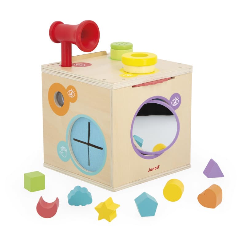 Janod - Cube de Motricité & de Manipulation - Jeu d'Eveil Sensoriel - Boite Sensorielle - Cube d'Activités - 12 Accessoires - Ap