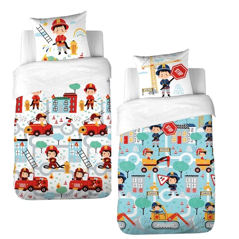 CÔTE DECO Parure de lit Enfant Réversible Pompier et travaux Housse de Couette 140x200cm + 1 taie d'oreiller 63x63cm 100% Coton