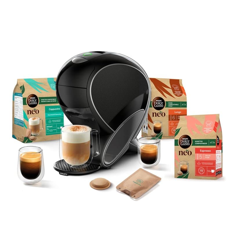 Dolce Gusto NEO Coffee Machine by Krups, Machine à café + 3 boites de dosettes compostables (Espresso, Lungo, Cappuccino), Cafet