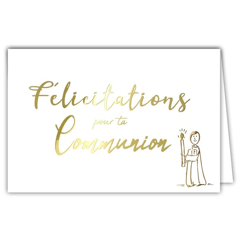 68-6009 Carte Félicitations pour ta Communion Garçon Fille Texte Doré Brillant - Avec Enveloppe Blanche Format 12x17,5cm - Petit