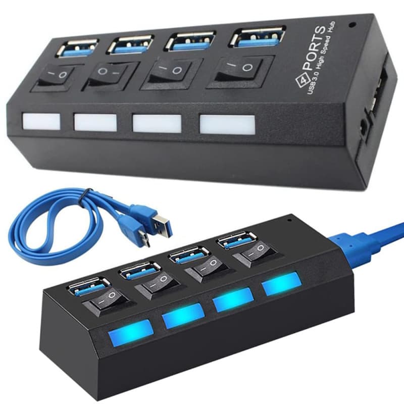 PARENCE.- Hub USB 4 Ports - SuperSpeed USB 3.0, Universel, Indicateur LED - 10,5x3,5x2,1cm