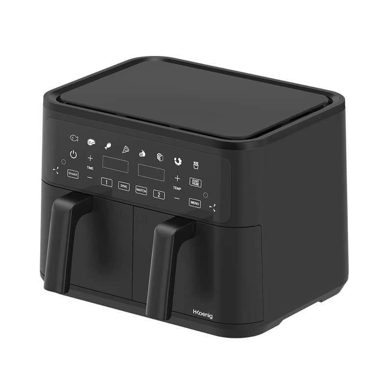 H.Koenig Friteuse sans Huile Airfryer 2 Bacs XXL FRY900, Double Capacité 9L, Reglable 80-200°C, 5 Modes de Cuisson, Minuteur 60m