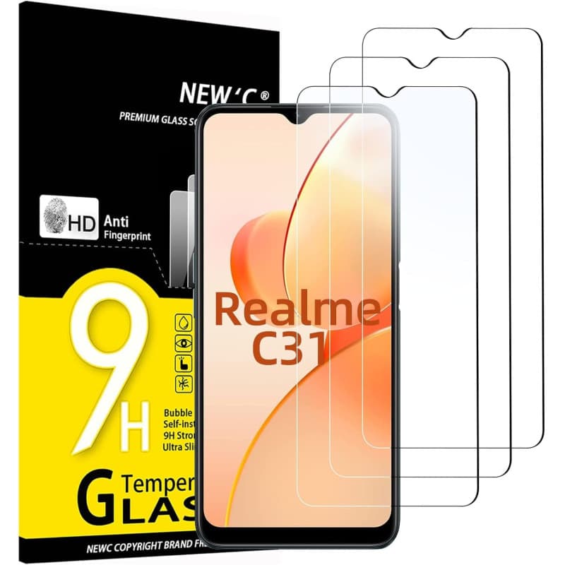 NEW'C Lot de 3, Verre Trempé pour Realme C31, Realme C25, Film Protection écran efficace contre les Rayures - sans Bulles - Ultr