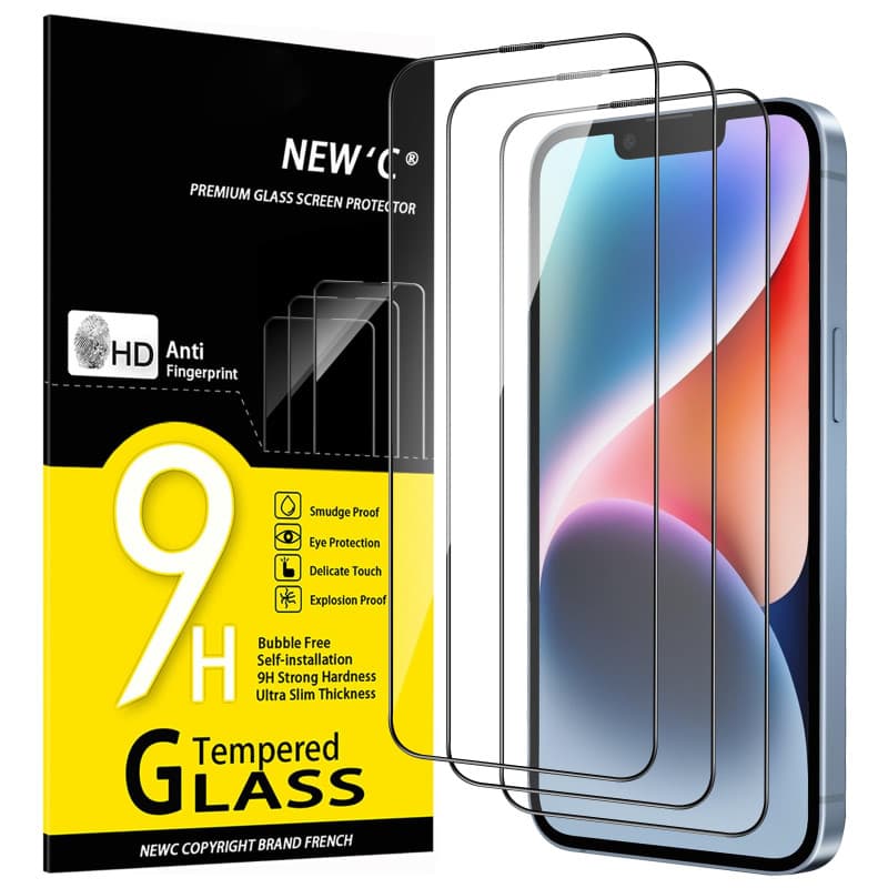 NEW'C Lot de 3, Couverture Complète Verre Trempé pour iPhone 14, iPhone 13, iPhone 13 Pro (6,1 Pouces) Film en Protection écran