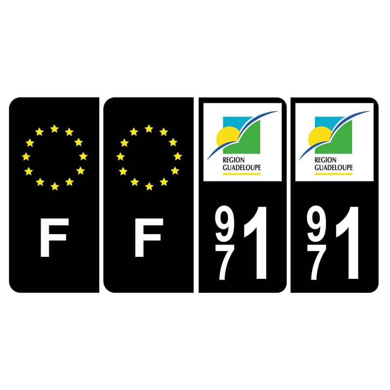 HADEXIA Lot de 4 Autocollants Plaque d'immatriculation 971 Guadeloupe BIS Noir C & F