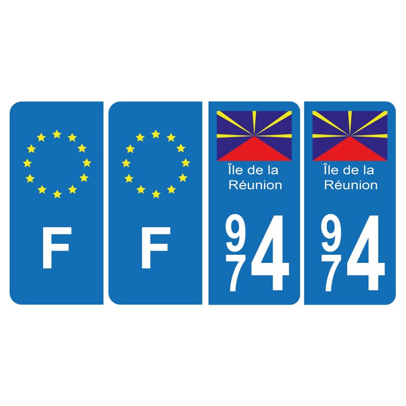 HADEXIA Lot de 4 Autocollants Plaque d'immatriculation 974 Ile Réunion BIS & F Europe