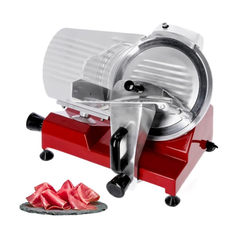 Trancheuse à Jambon Électrique 250 mm – Épaisseur Réglable 0 à 12 mm – Puissance 150W – Design Rouge Élégant – Idéale Viande, Ch