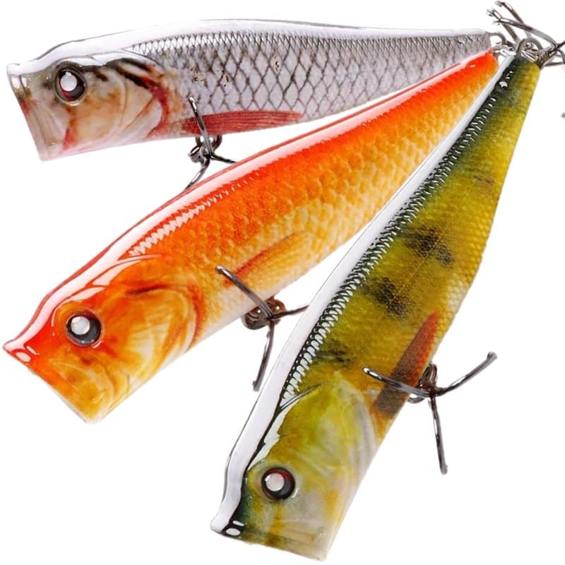 Lot de 3 Leurres Popper - 8,5cm 13,5g - Couleurs Réalistes pour Pêche Carnassier en Eau Douce : Brochet, Perche, Sandre, Truite