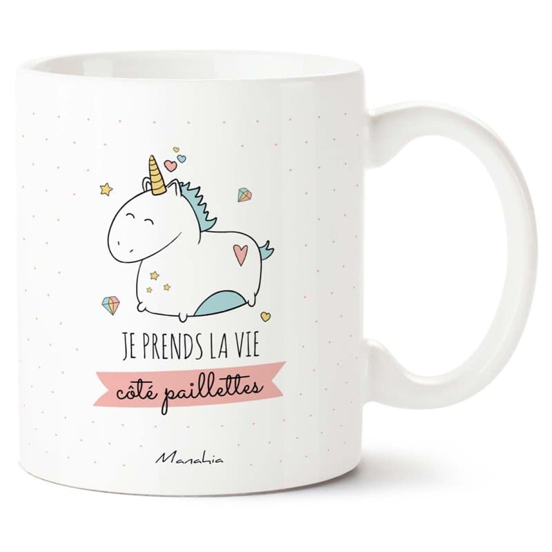 Manahia Mug Cadeau Licorne - Je prends la Vie côté Paillettes - 330 mL, Céramique - Tasse Copine - Noël, Anniversaire Amie - Fan