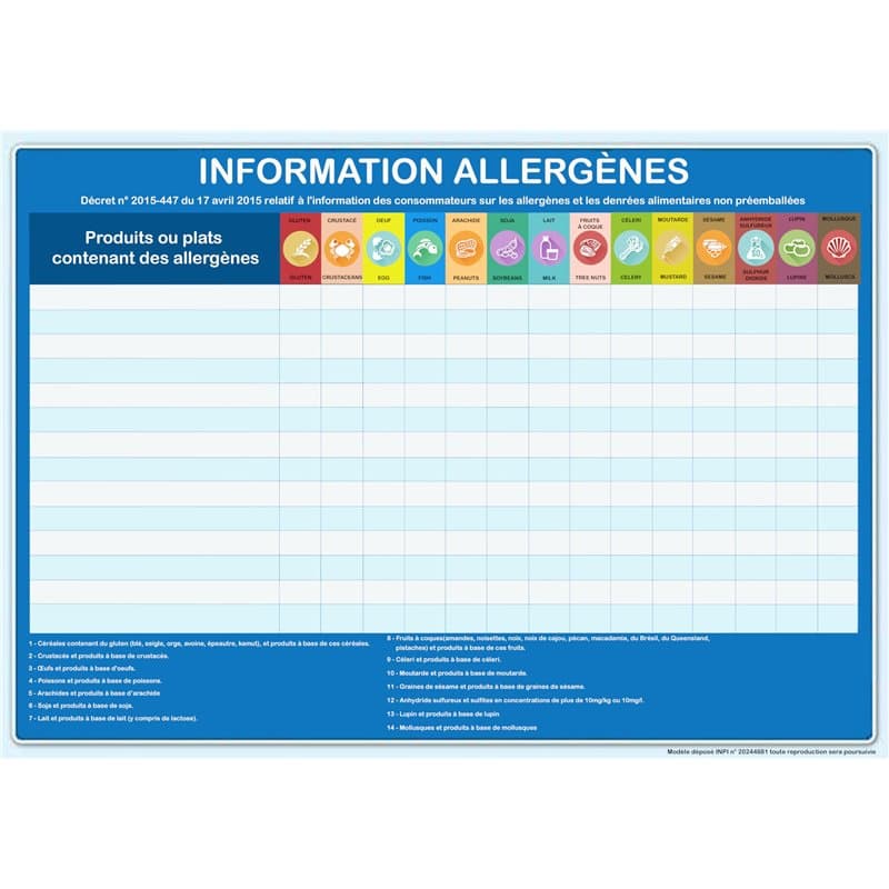 Tableau des allergènes - Affichage OBLIGATOIRE pour tout établissement de restauration - format paysage, bleu - Affichage format
