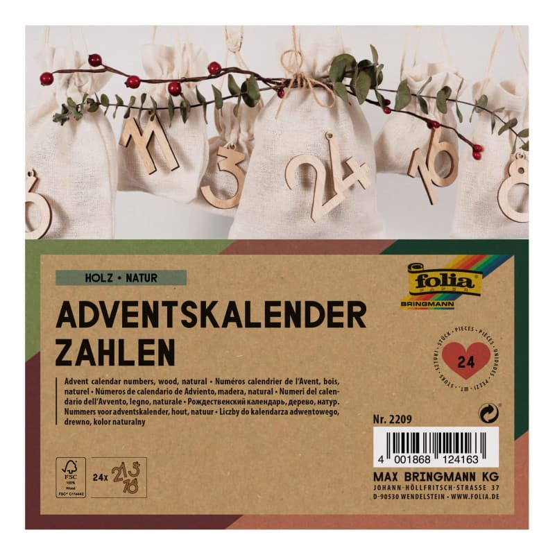 folia 2209 - Calendrier de l'Avent Chiffres, Bois Naturel, 24 Chiffres en Bois à Suspendre