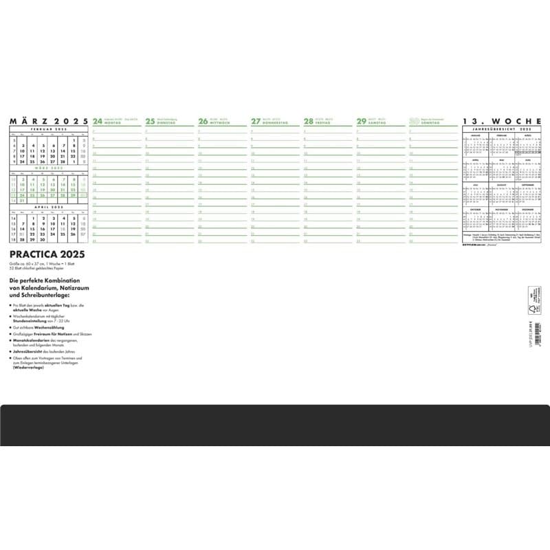 Practica 2025 Sous-main 59,5 x 37 cm - 1 semaine sur 1 feuille - 52 feuilles - Avec support en carton solide - Avec barre de pro