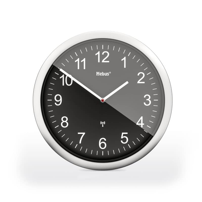 Mebus Horloge Murale Radio-pilotée 26 cm silencieuse Facile à Lire Cadre argenté Cadran Noir Modèle 19812 - Clair et Silencieux