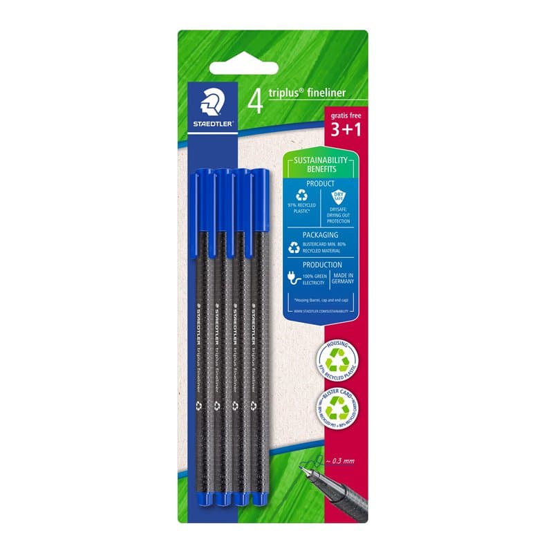 Staedtler - Triplus fineliner 334 - Blister 4 feutres triangulaires - Pointe superfine 0,3 mm bleus - En plastique 97% recyclé -