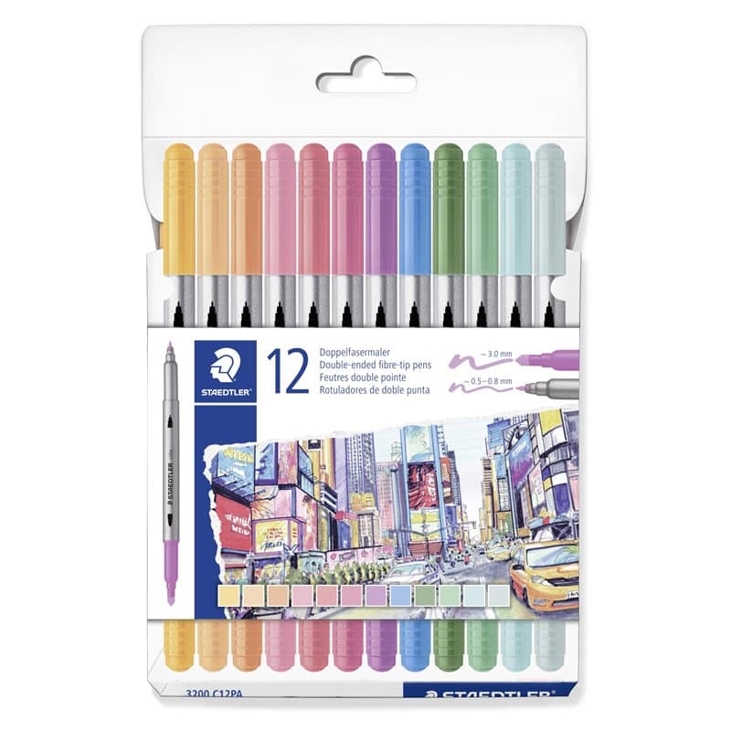 STAEDTLER 3200 C12PA Lot de 12 stylos de coloriage Design Journey à double pointe Largeur de trait 0,5-3,0 mm 12 couleurs pastel