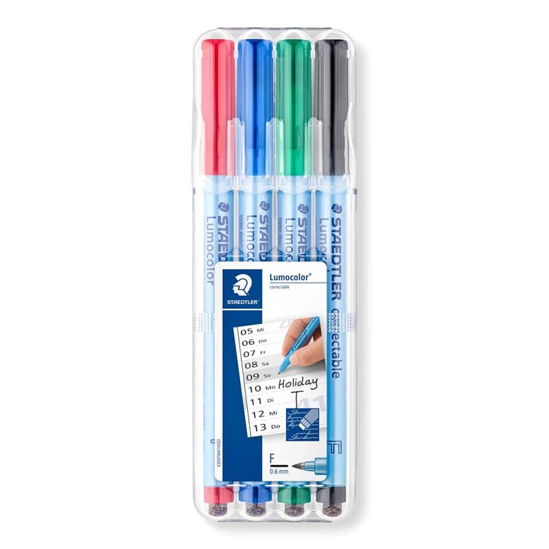 Staedtler Lumocolor Correctable, Feutres non-permanents à pointe fine effaçables à sec, Étui chevalet avec 4 feutres assortis, 3