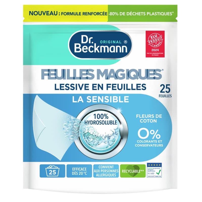 Dr. Beckmann 25 FEUILLES MAGIQUES Lessive en feuilles LA SENSIBLE Hypoallergénique | Format pré-dosé, pratique et léger | 100% h
