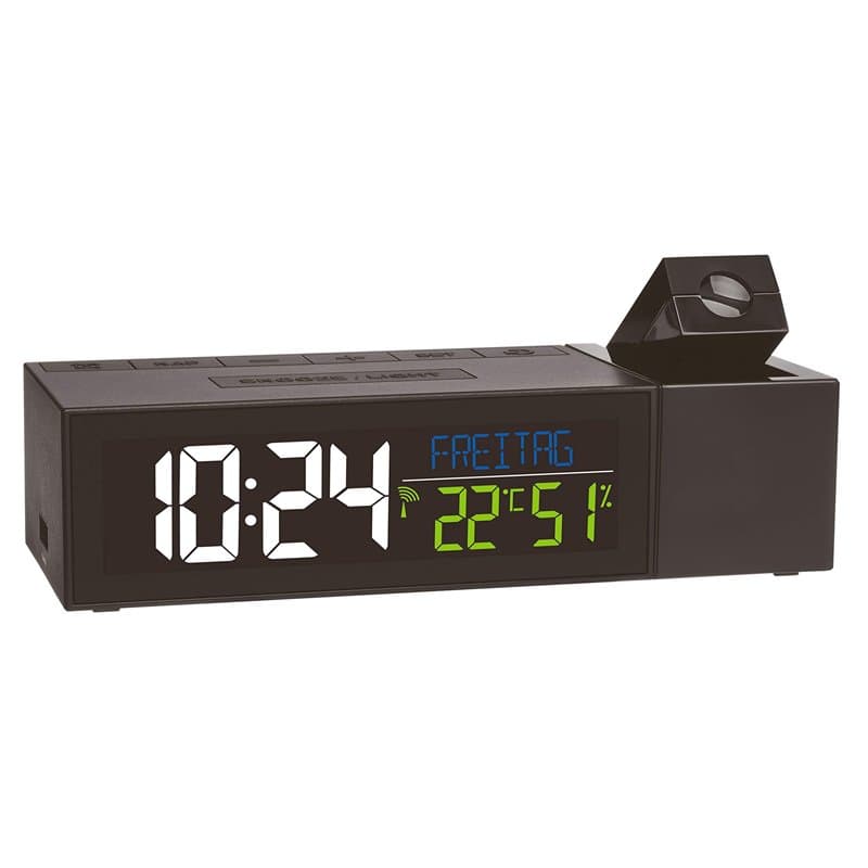 TFA Dostmann Horloge Radio-piloté à Projection Show, avec Climat intérieur, 60.5014.01, avec Fonction de Charge, Noir