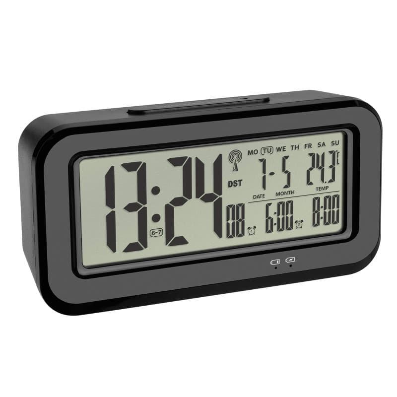TFA Dostmann Réveil Radio-pilotée numérique BOXX, avec température intérieure, Rechargeable par USB, Plastique, Noir