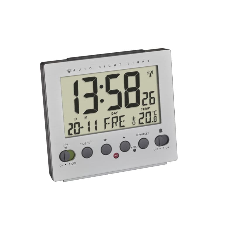 TFA Dostmann réveil Radio-pilotée Digital, 60.2561.55, éclairage Automatique de Nuit, température, Jour de la Semaine et Date, A