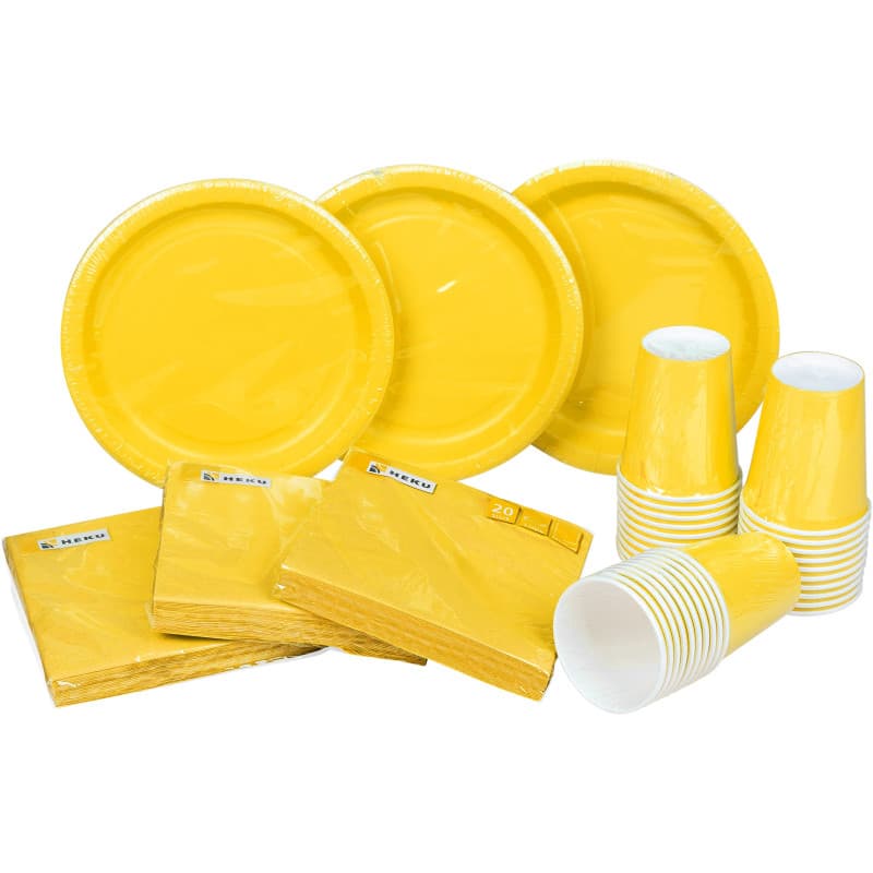 HEKU Kit de fête jetable 120 pièces jaune I Convient pour 30 invités | Avec assiettes en carton, gobelets de fête (0,25 l) et se