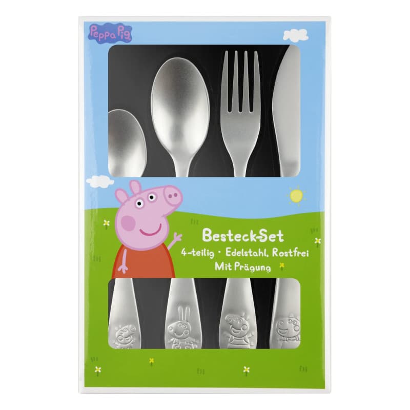 Peppa Pig Ensemble de couverts pour enfant 4 pièces avec couteau, fourchette, cuillère à soupe et cuillère à dessert en acier in
