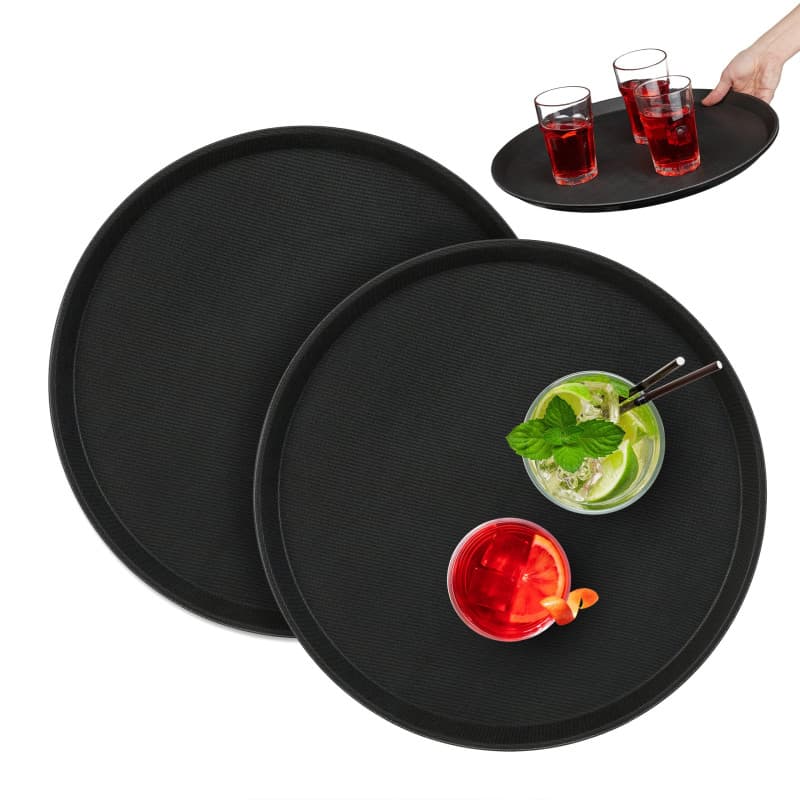 Relaxdays Lot de 2 Plateaux de Service Ronds, diamètre de 40 cm, Surface antidérapante, Restaurant, Noir