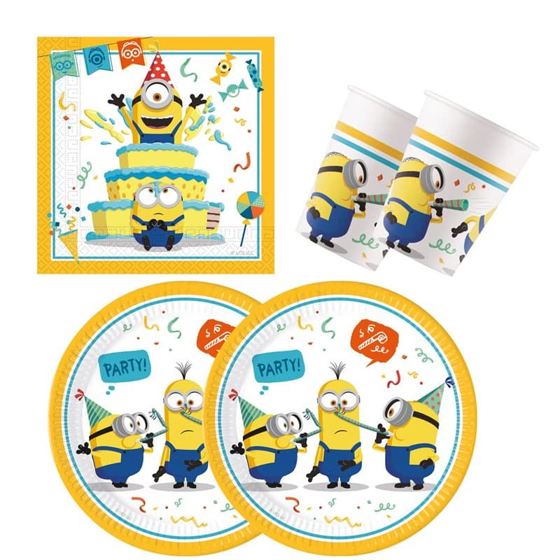 Procos 10137423 – Set de fête S Minions : Rise of Gru – Lot de 52 pièces – 16 assiettes, 16 gobelets, 20 serviettes, vaisselle j