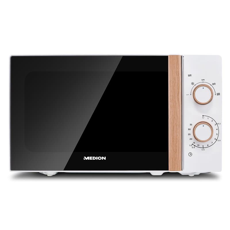 MEDION Micro-ondes (aspect bois, 20 litres, 700 watts, porte miroir, 5 niveaux de puissance, fonction décongélation, minuterie,