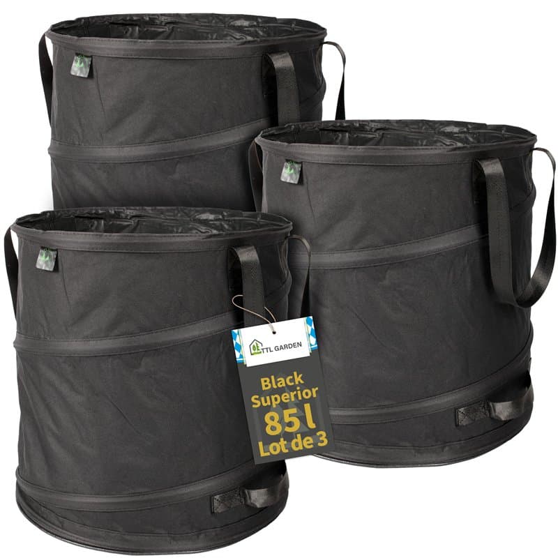 TTL Garden Black Supererior - Lot de 3 sacs de jardin Pop Up - 85 l - Double fond - 260 g/m² - Extra stables - Oxford 600D - 85