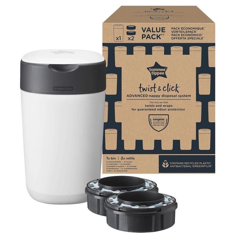 Tommee Tippee Poubelle à couches Twist & Click, Pack Exclusif avec x2 Recharges incluses, Protection anti-odeurs et anti-germes